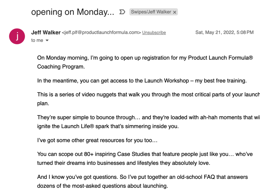 Jeff Walker PLF Email Example