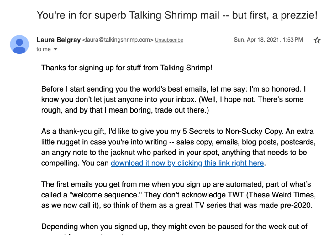 Laur Belgray Taling Shrimp Welcome Email